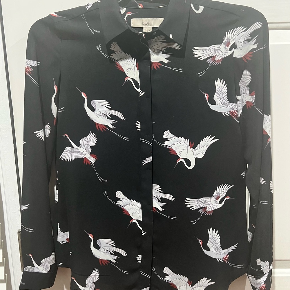 LOFT Black Bird Print Shirt